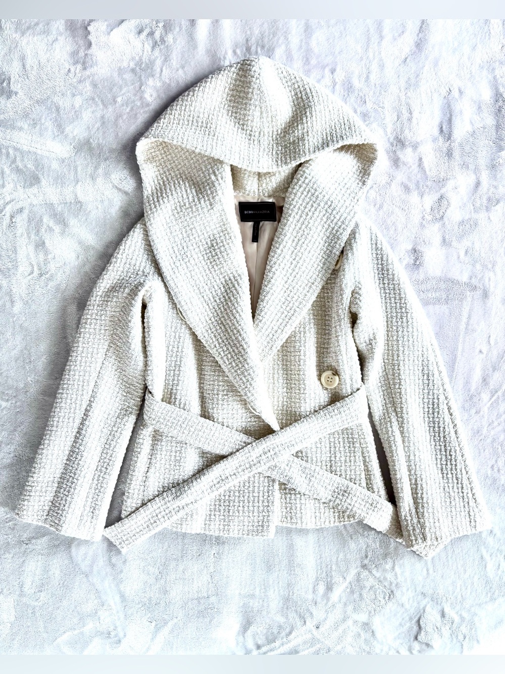 BCBGMAXAZRIA Hooded Belted Knit Sweater Coat, Ivory, Size XXS